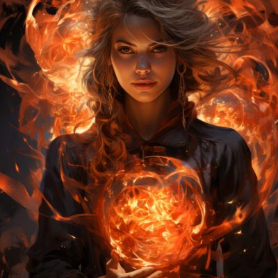 Enchanting firemage with hair ablaze, summoning a vortex of mystical flames that intertwine with ethereal creatures and ancient runes, in the style of red fire, fantasy, clean --ar 2:3 --stylize 750 --v 5.2
